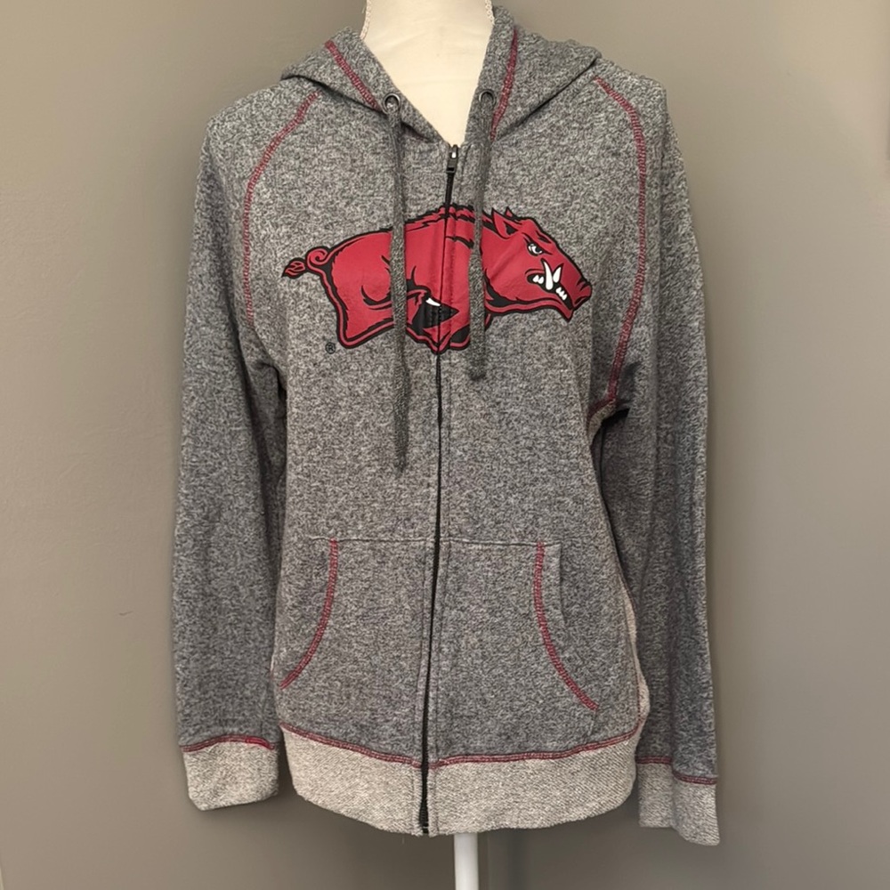 Gray and Red Varsity Jacket with Razorback Graphic